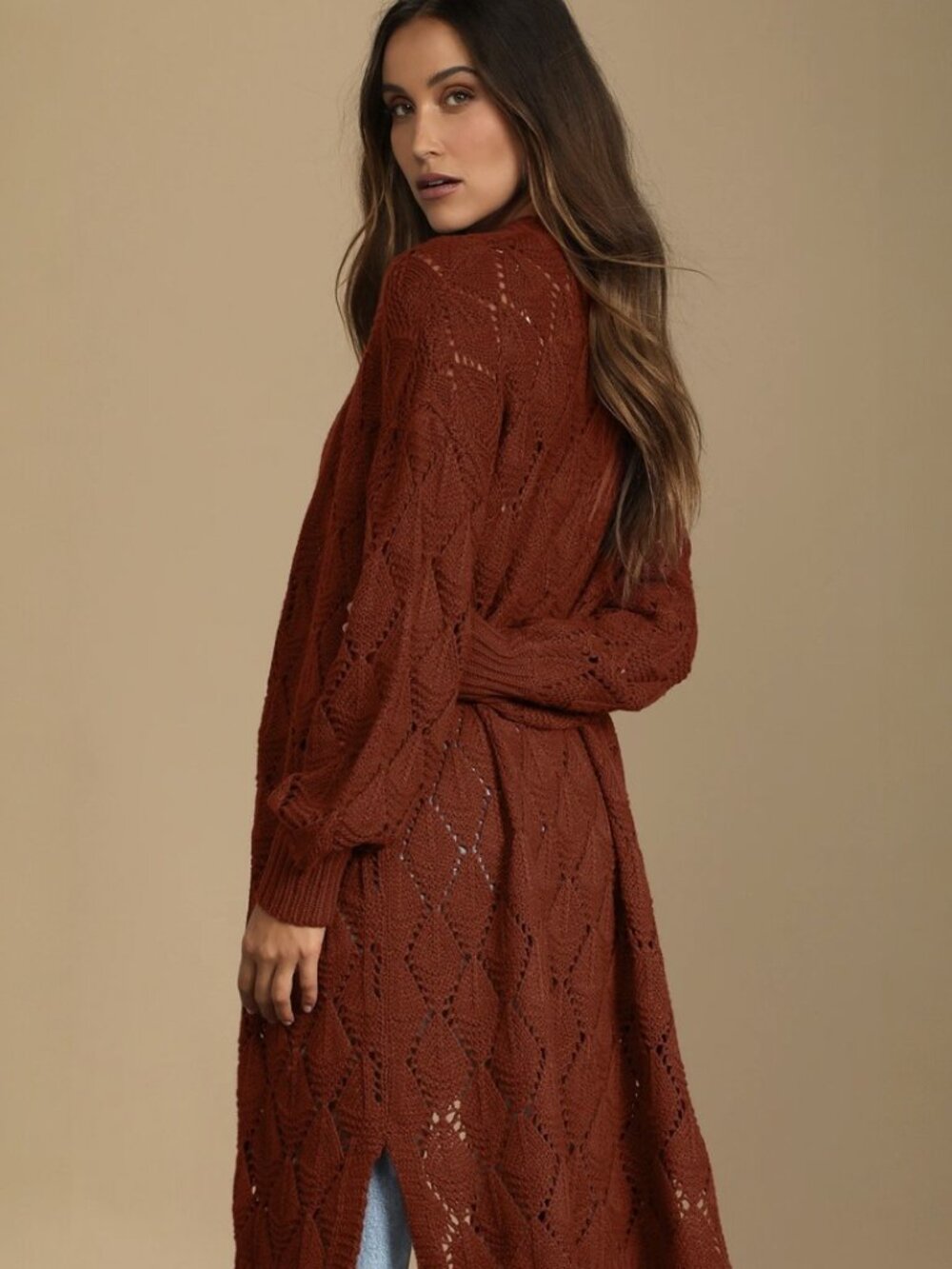 Points to Cozy Rust Red Pointelle Knit Cardigan Sweater NWT - Picture 4 of 8